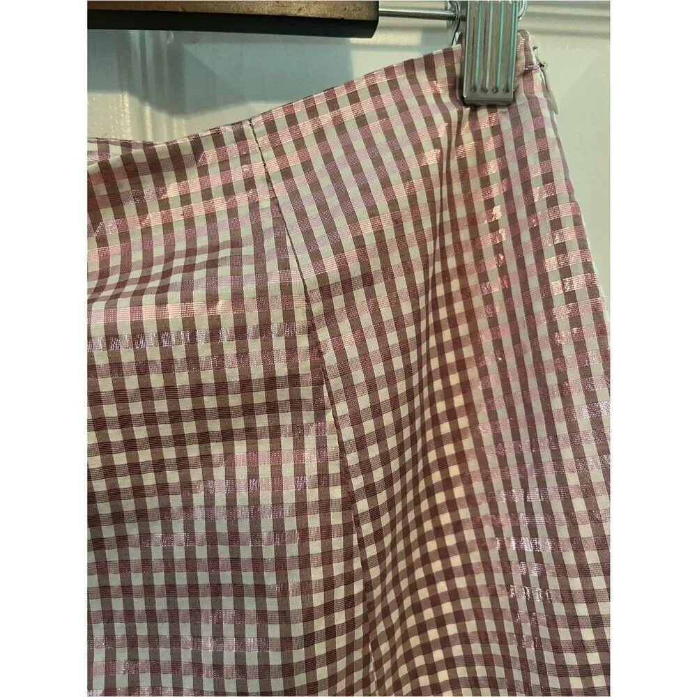 Brøgger Metallic Gingham Midi Skirt Designer Hem Pink M
